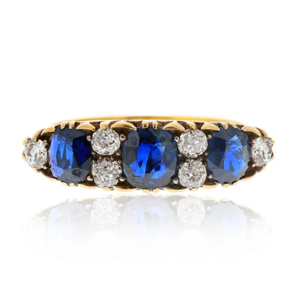 Victorian 18K Yellow Gold 3 Stone Sapphire And Diamond Ring - The Back Vault