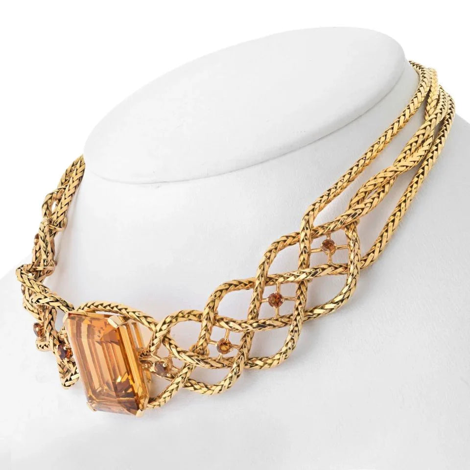 Hermes 18K Yellow Gold 61.50cttw Citrine Braided Choker Necklace - The Back Vault