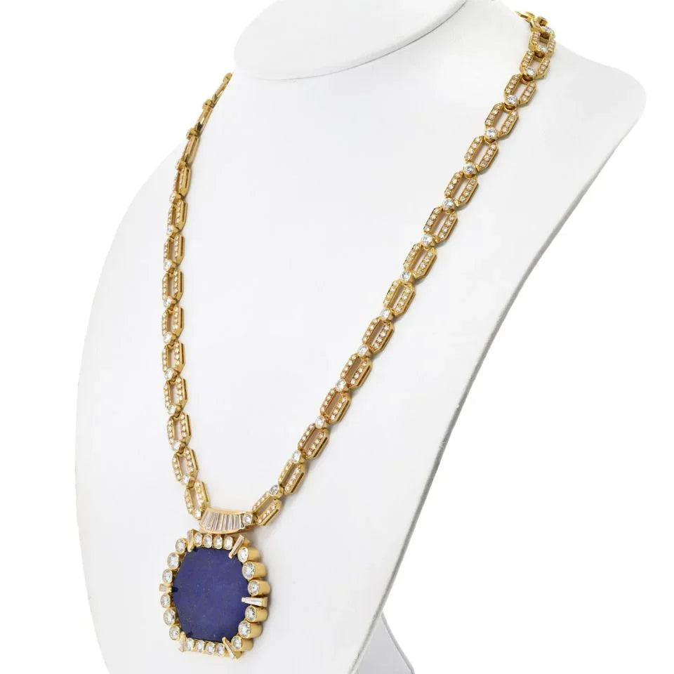 18K Yellow Gold 1970's Diamond Lapis Diamond Chain Necklace - The Back Vault