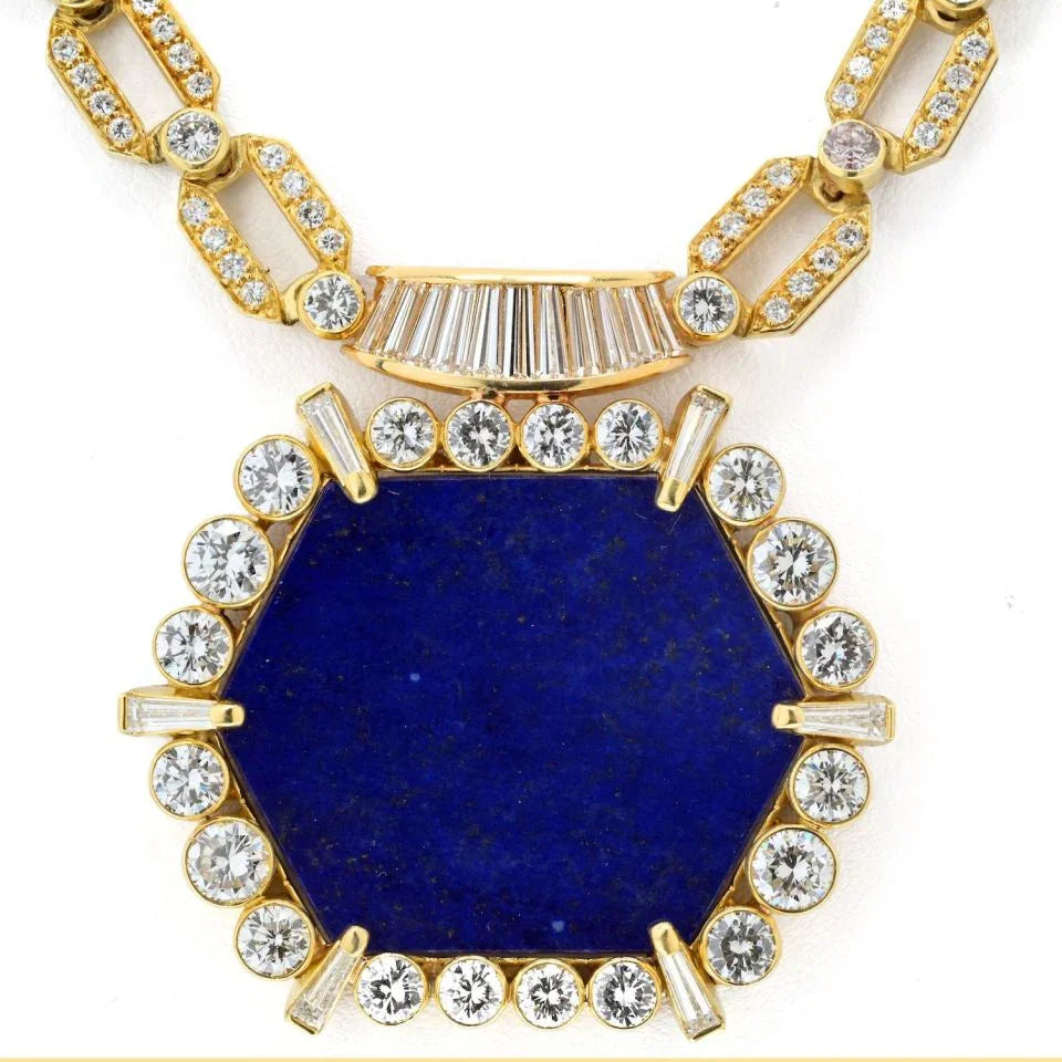 18K Yellow Gold 1970's Diamond Lapis Diamond Chain Necklace - The Back Vault