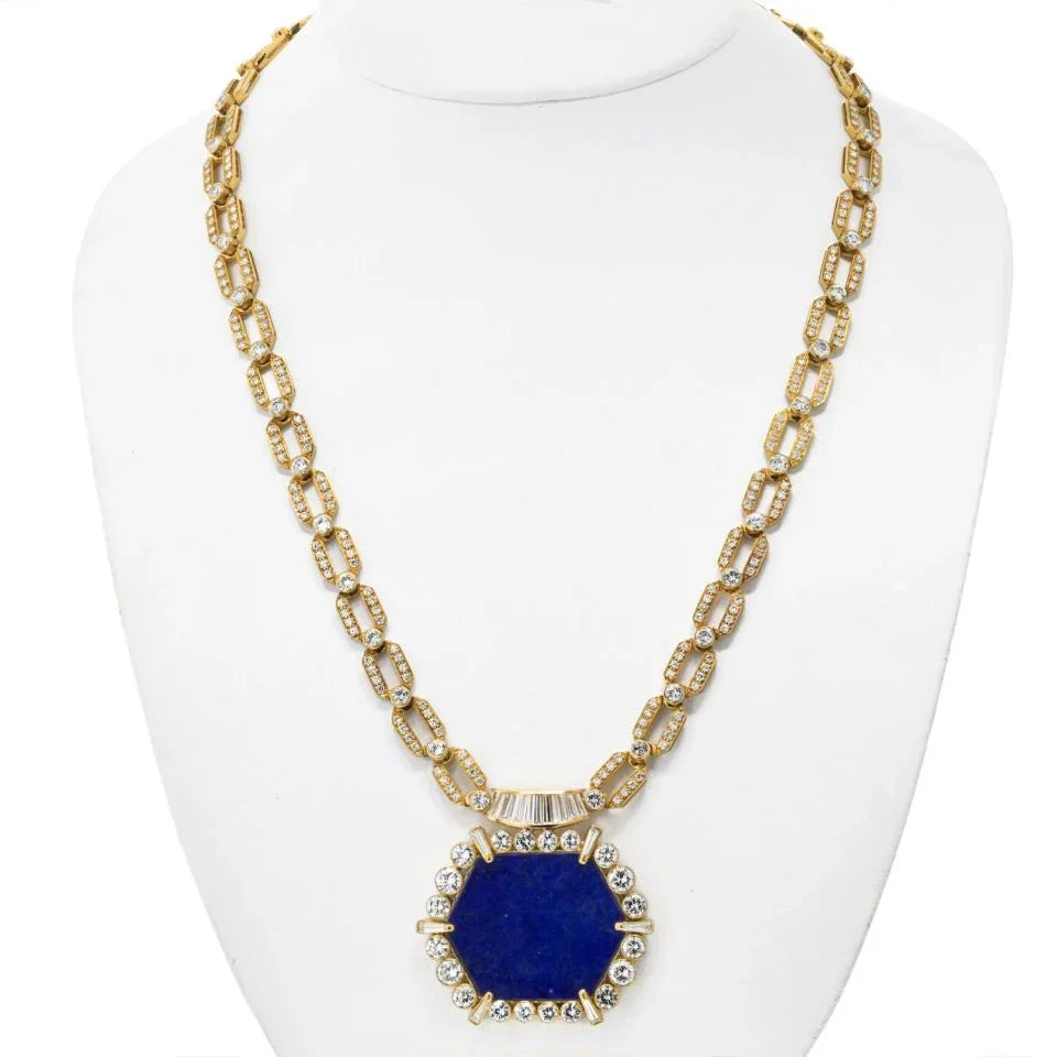 18K Yellow Gold 1970's Diamond Lapis Diamond Chain Necklace - The Back Vault