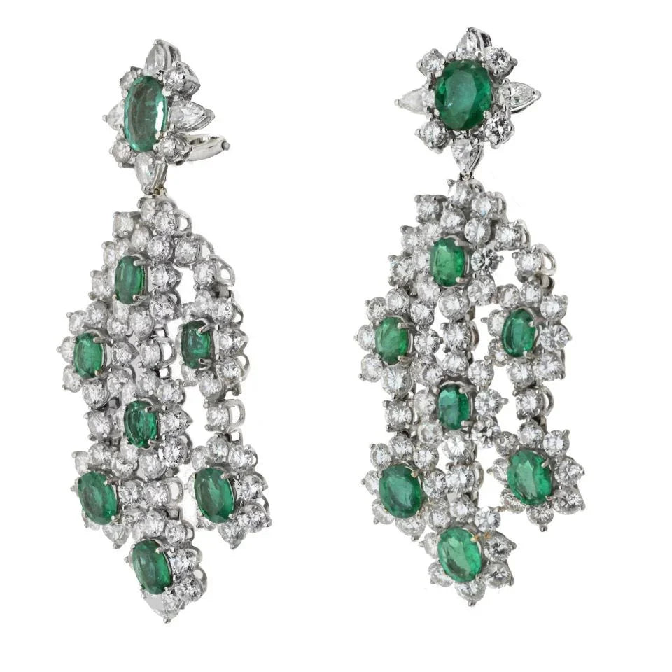 18K White Gold 20 Carat Diamond And Green Emerald Chandelier Earrings - The Back Vault