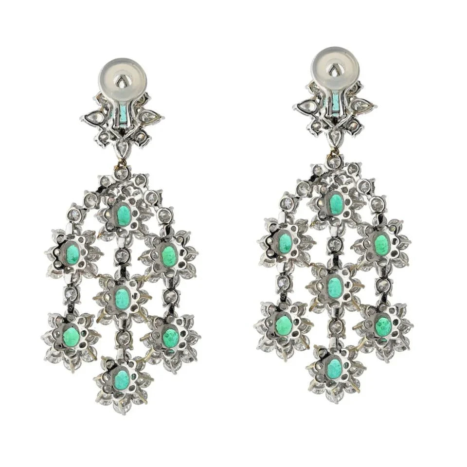 18K White Gold 20 Carat Diamond And Green Emerald Chandelier Earrings - The Back Vault