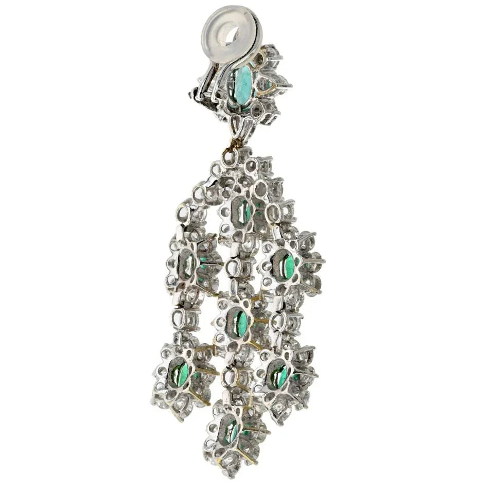 18K White Gold 20 Carat Diamond And Green Emerald Chandelier Earrings - The Back Vault