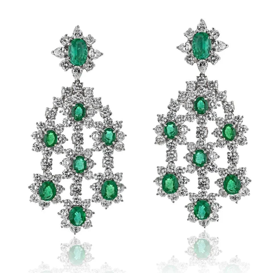 18K White Gold 20 Carat Diamond And Green Emerald Chandelier Earrings - The Back Vault