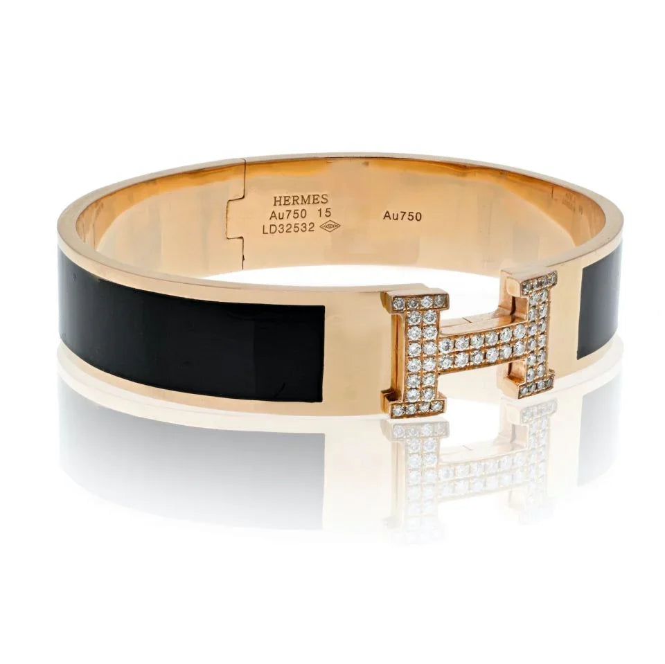 Hermes 18K Yellow Gold Clic Clac H Diamond Black Enamel Bracelet - The Back Vault