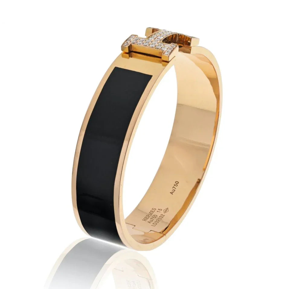 Hermes 18K Yellow Gold Clic Clac H Diamond Black Enamel Bracelet - The Back Vault
