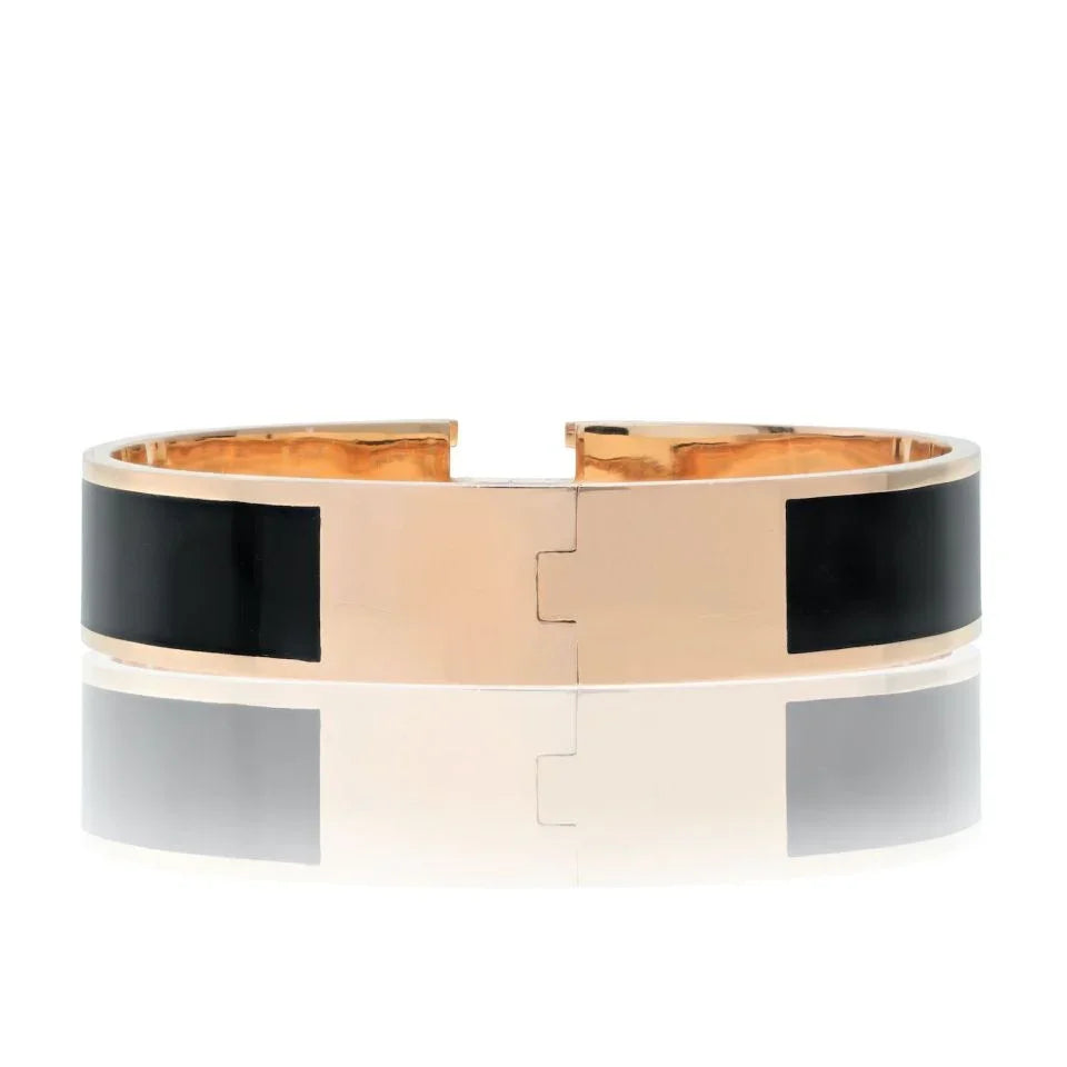 Hermes 18K Yellow Gold Clic Clac H Diamond Black Enamel Bracelet - The Back Vault