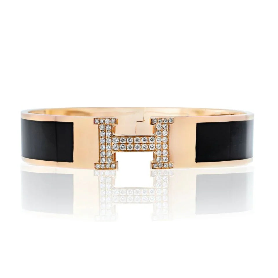 Hermes 18K Yellow Gold Clic Clac H Diamond Black Enamel Bracelet - The Back Vault