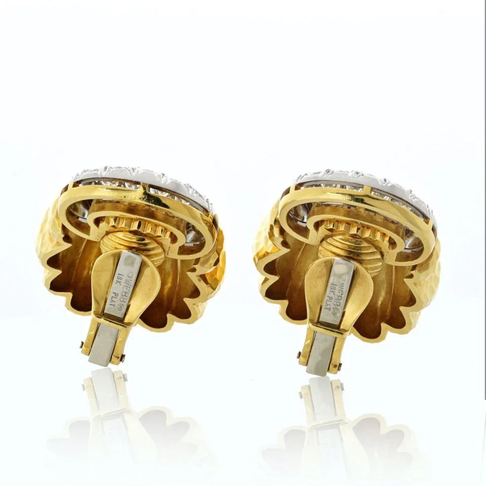 David Webb Platinum & 18K Yellow Gold Shell Motif Diamond Clip On Earrings - The Back Vault