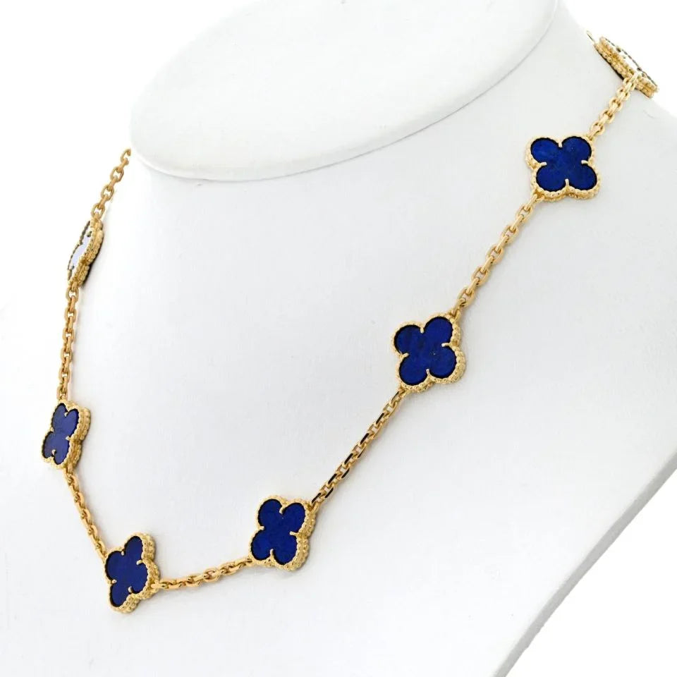 Van Cleef & Arpels Alhambra 18K Yellow Gold 10 Motif Lapis Alhambra Necklace - The Back Vault