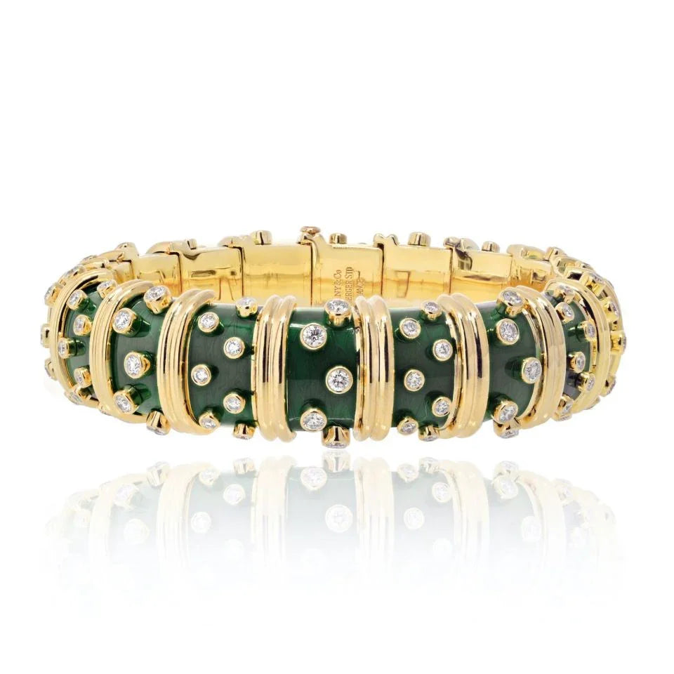 Tiffany & Co. Schlumberger 18K Yellow Gold Dark Green Enamel And Diamond Bracelet - The Back Vault