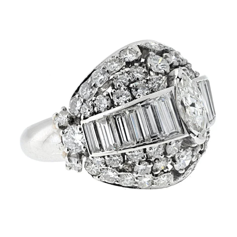 Platinum 1970's Bombe Marquise Cut And Round Cut Diamond Ring - The Back Vault