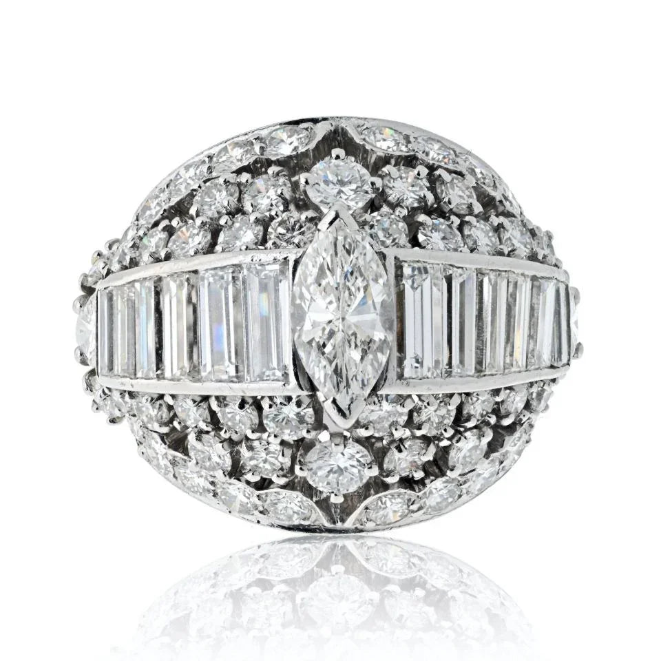Platinum 1970's Bombe Marquise Cut And Round Cut Diamond Ring - The Back Vault