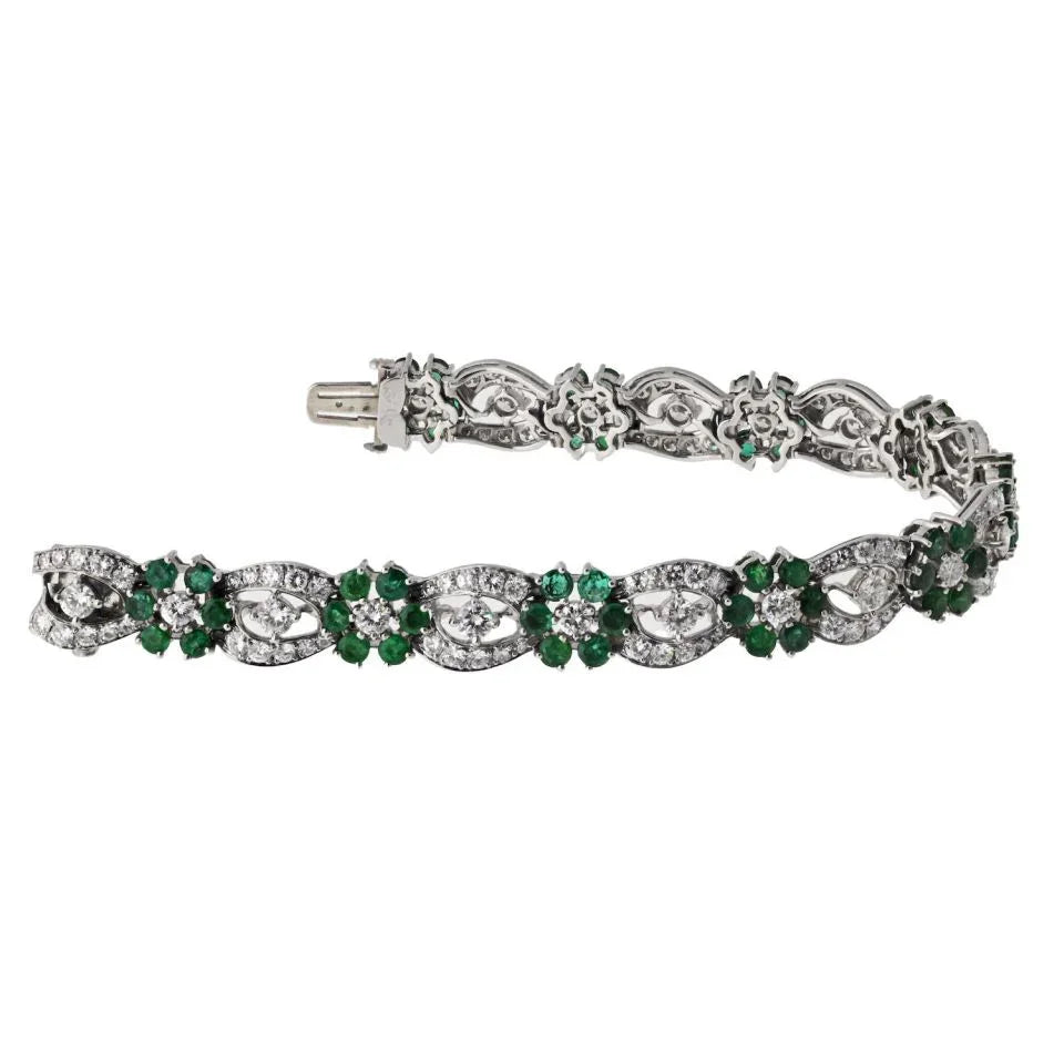 Platinum Diamond And Green Emerald Flower Bracelet - The Back Vault