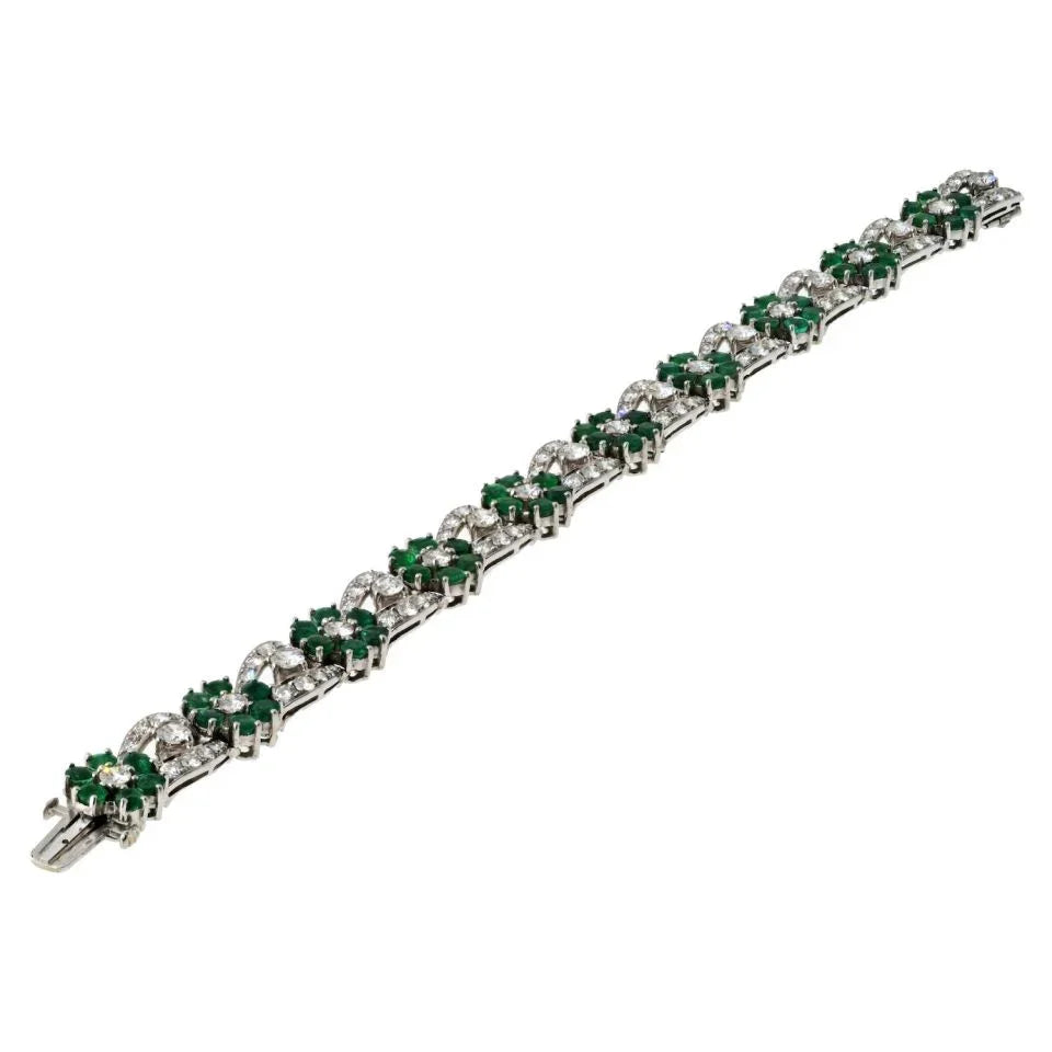Platinum Diamond And Green Emerald Flower Bracelet - The Back Vault