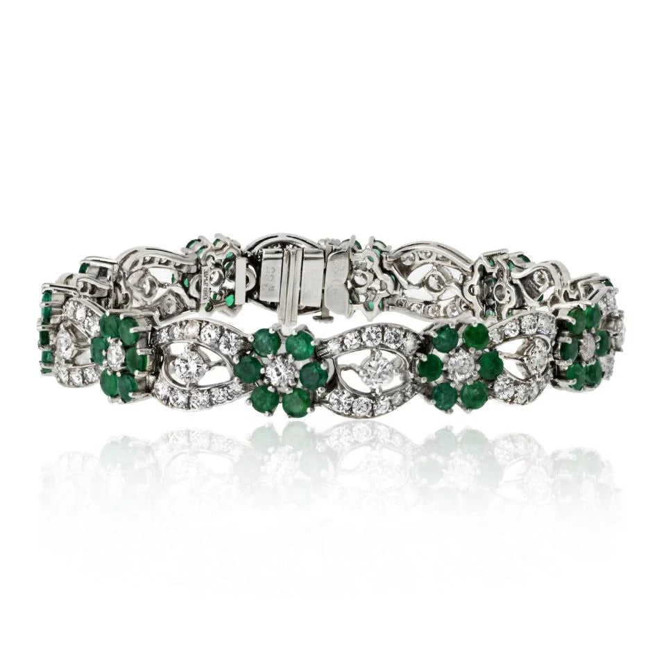 Platinum Diamond And Green Emerald Flower Bracelet - The Back Vault