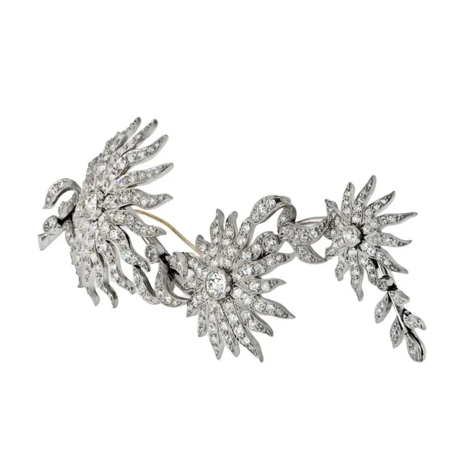 Platinum 12.50cttw Flower Starburst Long Vintage Diamond Brooch - The Back Vault