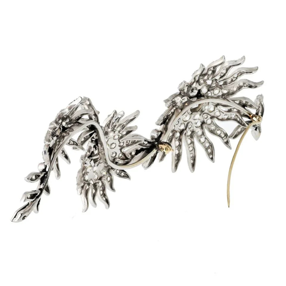 Platinum 12.50cttw Flower Starburst Long Vintage Diamond Brooch - The Back Vault