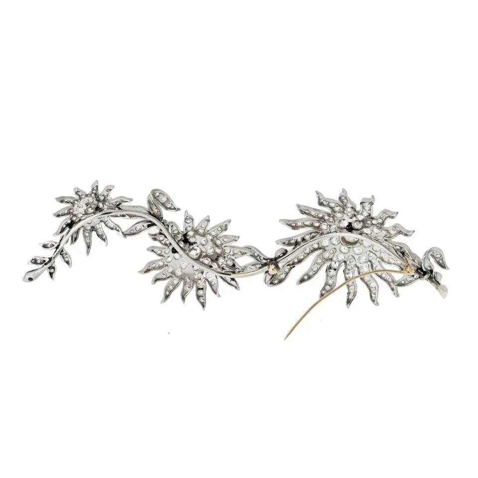 Platinum 12.50cttw Flower Starburst Long Vintage Diamond Brooch - The Back Vault