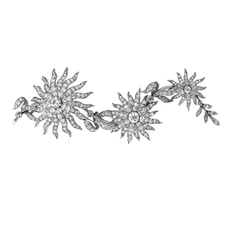 Platinum 12.50cttw Flower Starburst Long Vintage Diamond Brooch - The Back Vault