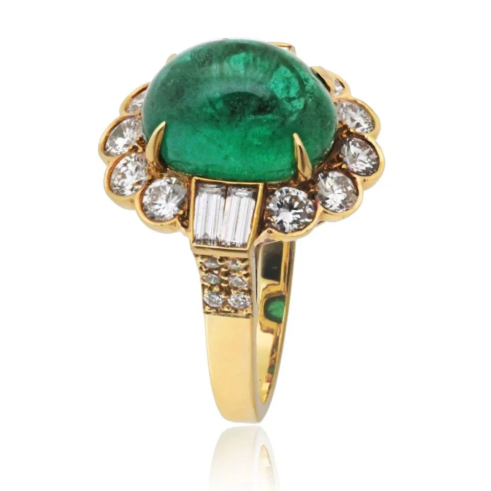 Van Cleef & Arpels 18K Yellow Gold 1960's Cabochon Cut Green Emerald And Diamond Ring - The Back Vault