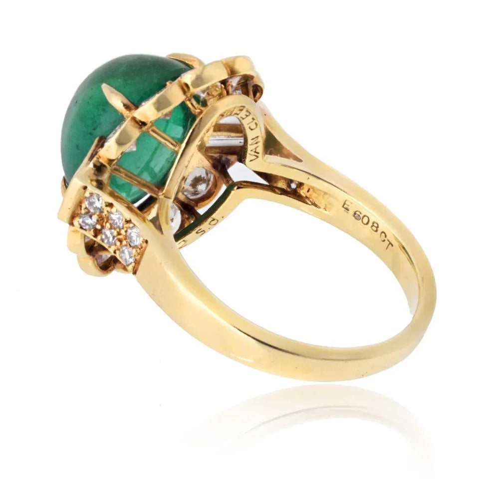 Van Cleef & Arpels 18K Yellow Gold 1960's Cabochon Cut Green Emerald And Diamond Ring - The Back Vault