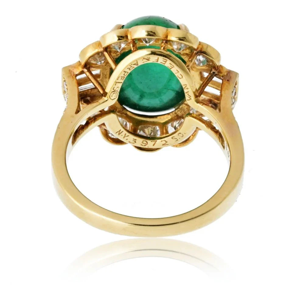 Van Cleef & Arpels 18K Yellow Gold 1960's Cabochon Cut Green Emerald And Diamond Ring - The Back Vault