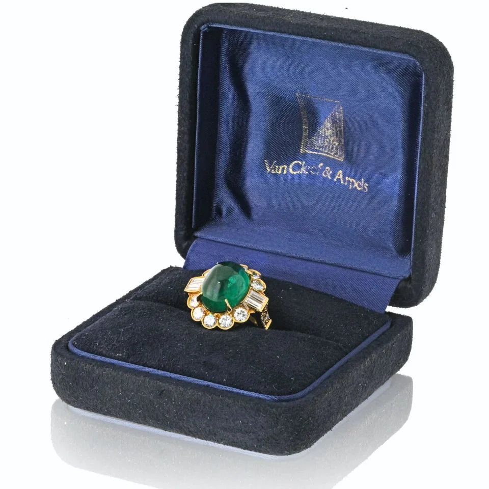 Van Cleef & Arpels 18K Yellow Gold 1960's Cabochon Cut Green Emerald And Diamond Ring - The Back Vault