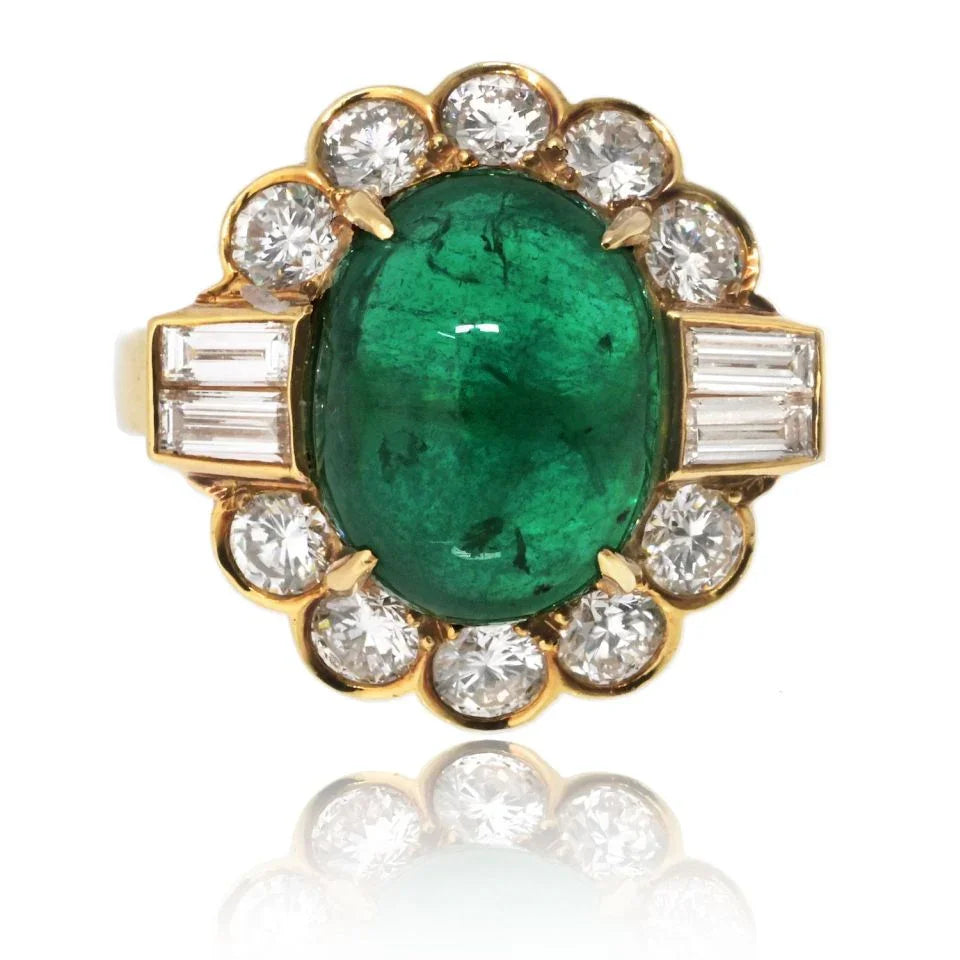 Van Cleef & Arpels 18K Yellow Gold 1960's Cabochon Cut Green Emerald And Diamond Ring - The Back Vault