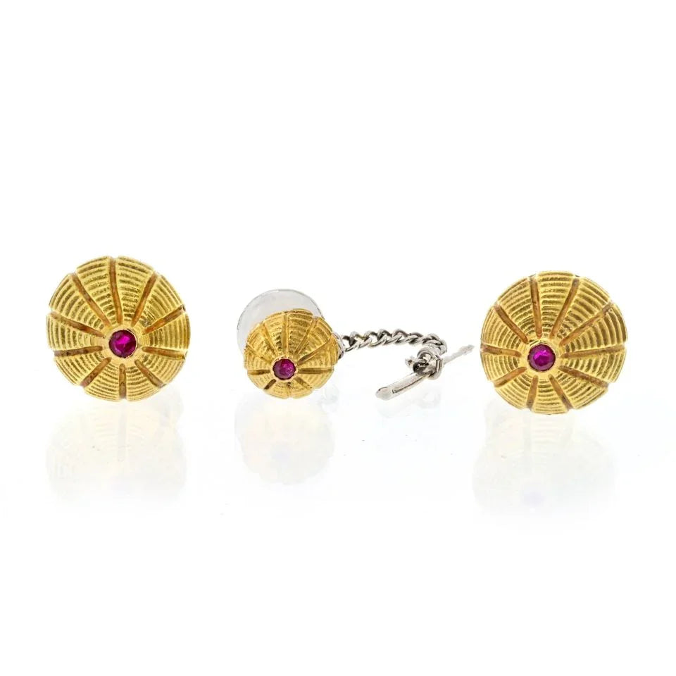 Tiffany & Co. Schlumberger 18K Yellow Gold Taj Mahal Ruby Cuff Links And A Tie Tack - The Back Vault