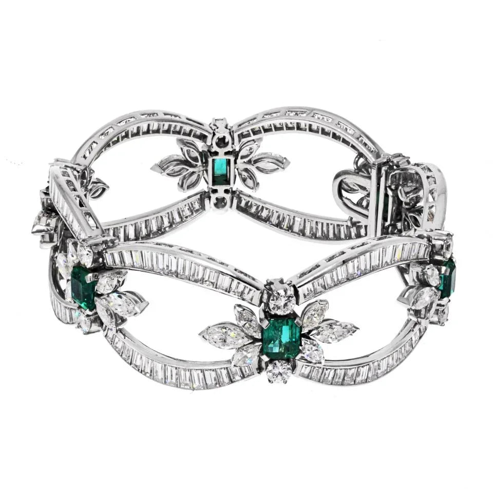 Platinum Baguette, Round And Marques Cut Diamond And Green Emerald Bracelet - The Back Vault