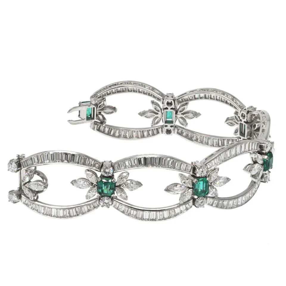 Platinum Baguette, Round And Marques Cut Diamond And Green Emerald Bracelet - The Back Vault