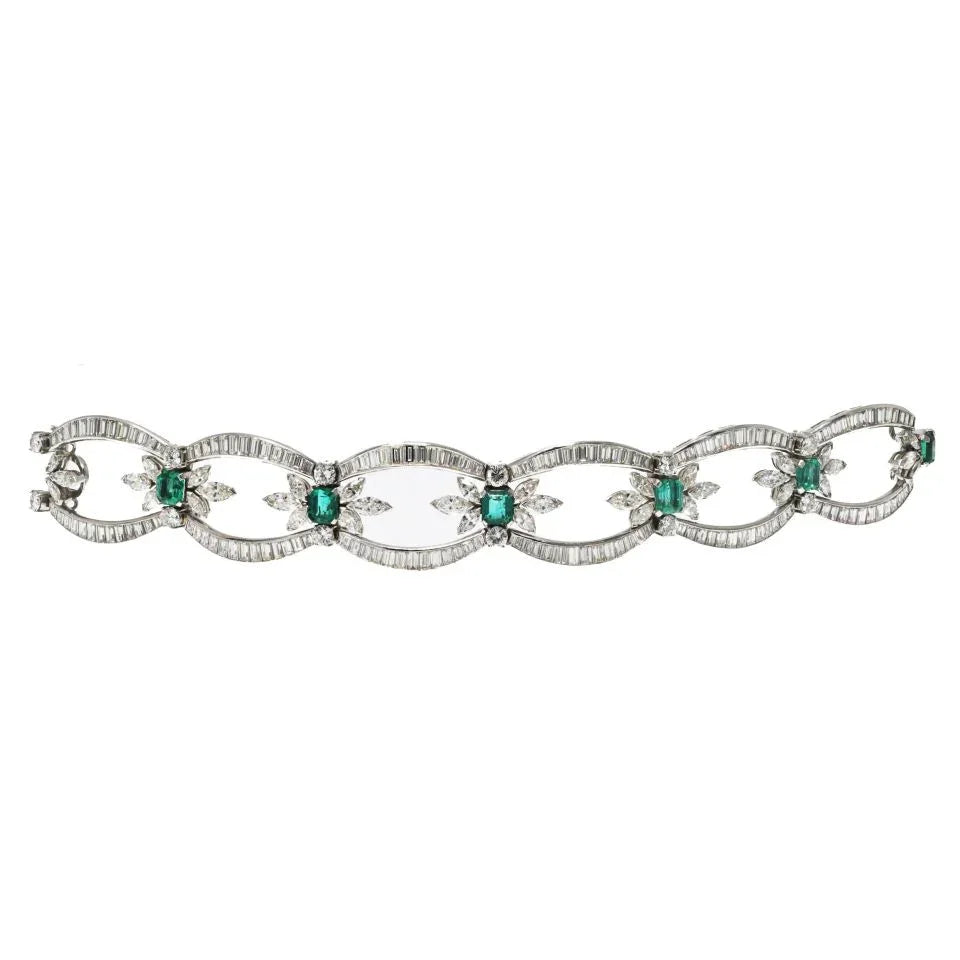 Platinum Baguette, Round And Marques Cut Diamond And Green Emerald Bracelet - The Back Vault