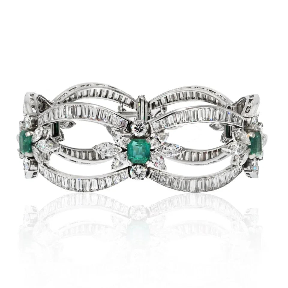 Platinum Baguette, Round And Marques Cut Diamond And Green Emerald Bracelet - The Back Vault