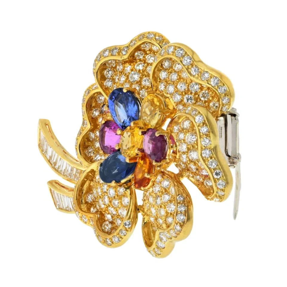 18K Yellow Gold Diamond Multicolor Sapphire Flower Brooch - The Back Vault