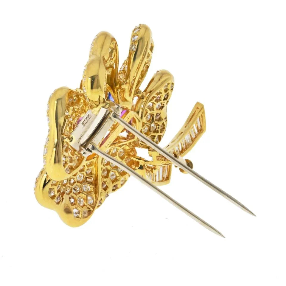 18K Yellow Gold Diamond Multicolor Sapphire Flower Brooch - The Back Vault