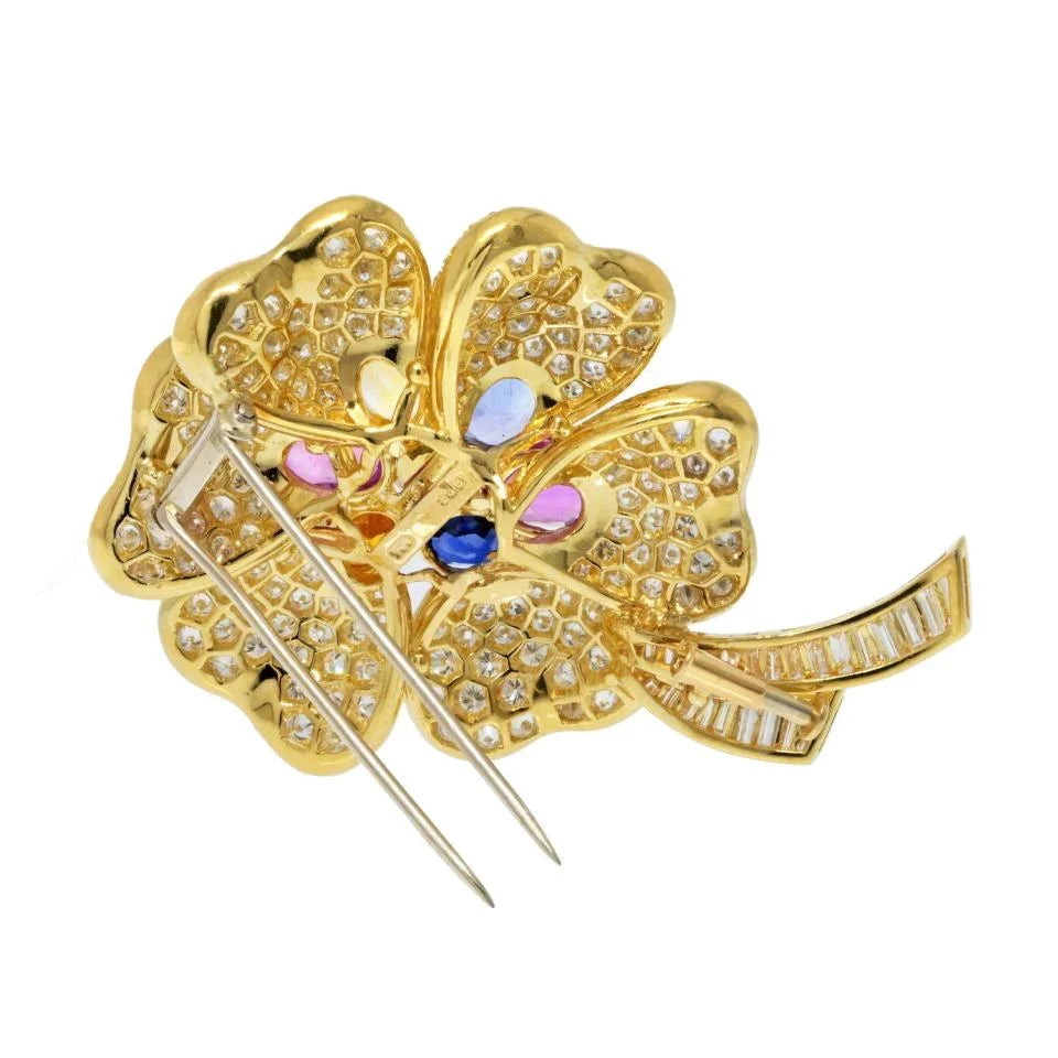 18K Yellow Gold Diamond Multicolor Sapphire Flower Brooch - The Back Vault