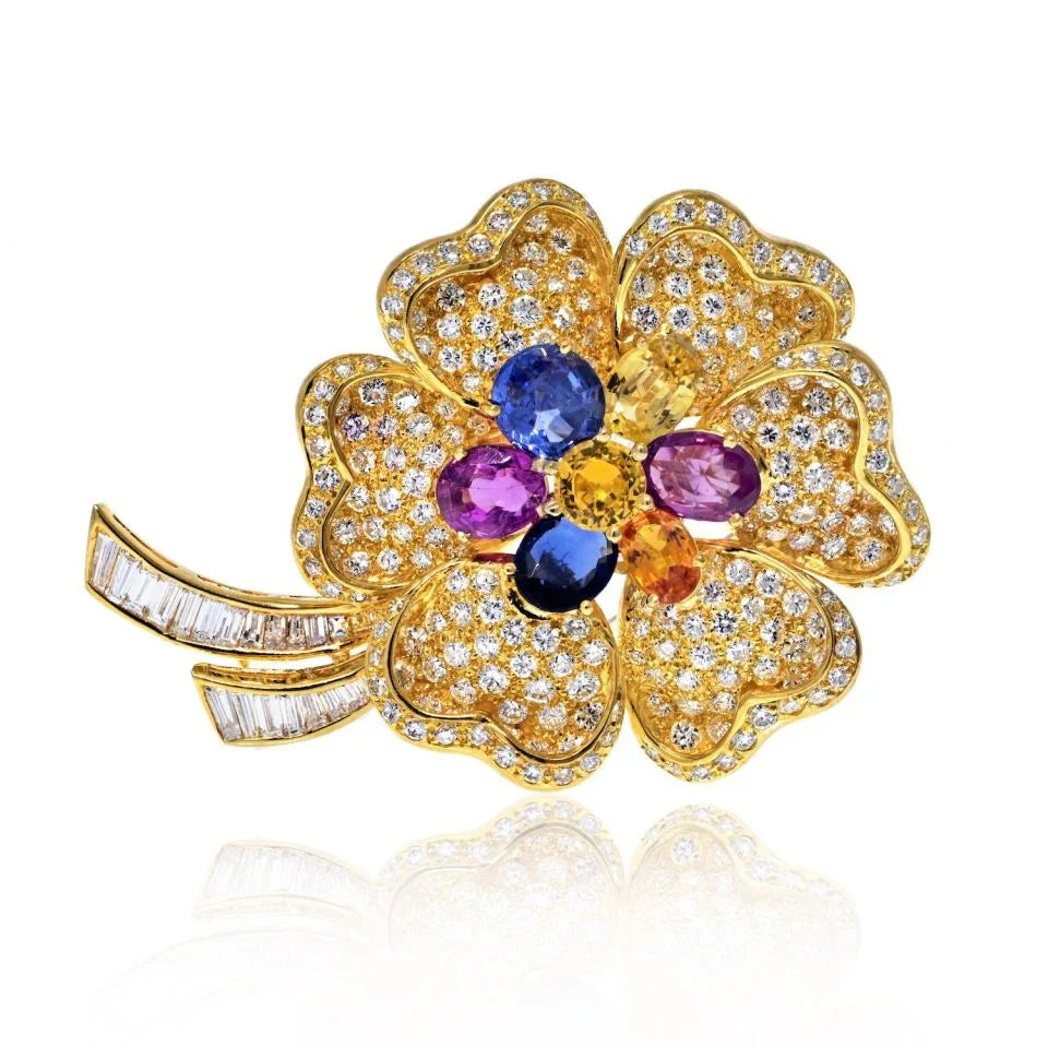 18K Yellow Gold Diamond Multicolor Sapphire Flower Brooch - The Back Vault