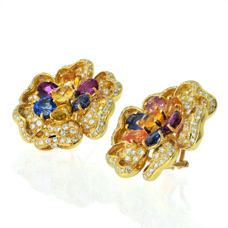 18K Yellow Gold Diamond And Multicolor Sapphire Earrings - The Back Vault
