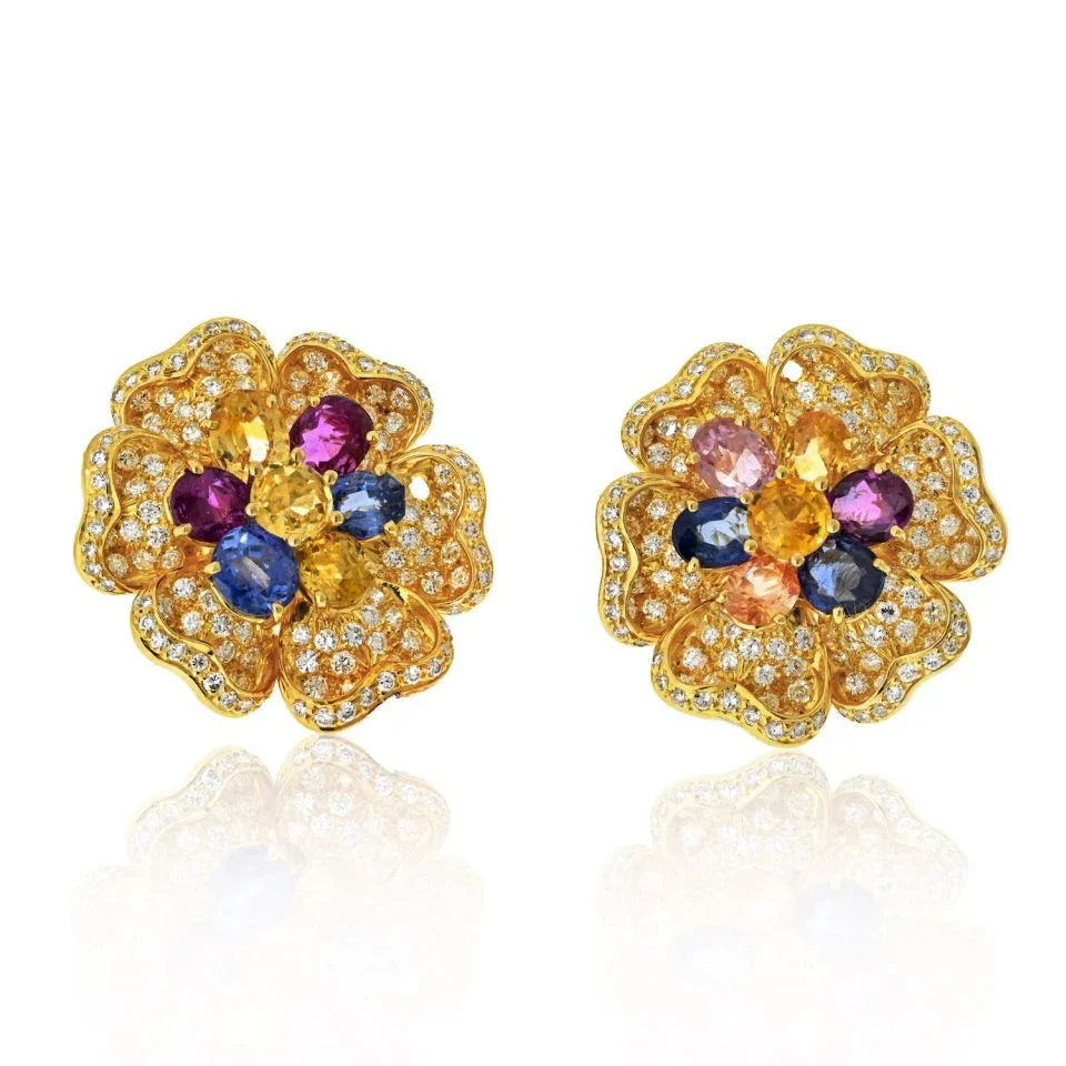18K Yellow Gold Diamond And Multicolor Sapphire Earrings - The Back Vault