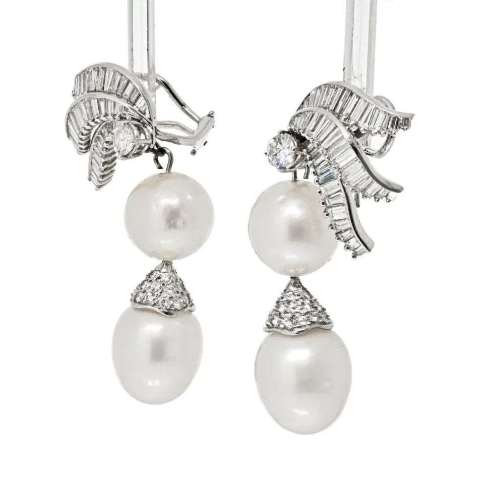 Platinum Pearl And Diamond Drop Earrings - The Back Vault