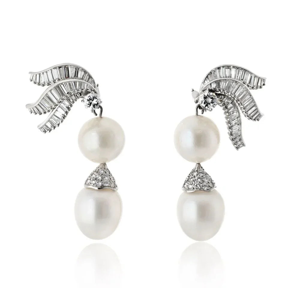 Platinum Pearl And Diamond Drop Earrings - The Back Vault
