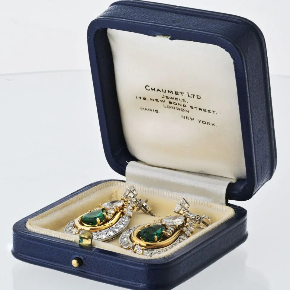 Chaumet Platinum & 18K Yellow Gold Diamond And Green Emerald Earrings - The Back Vault