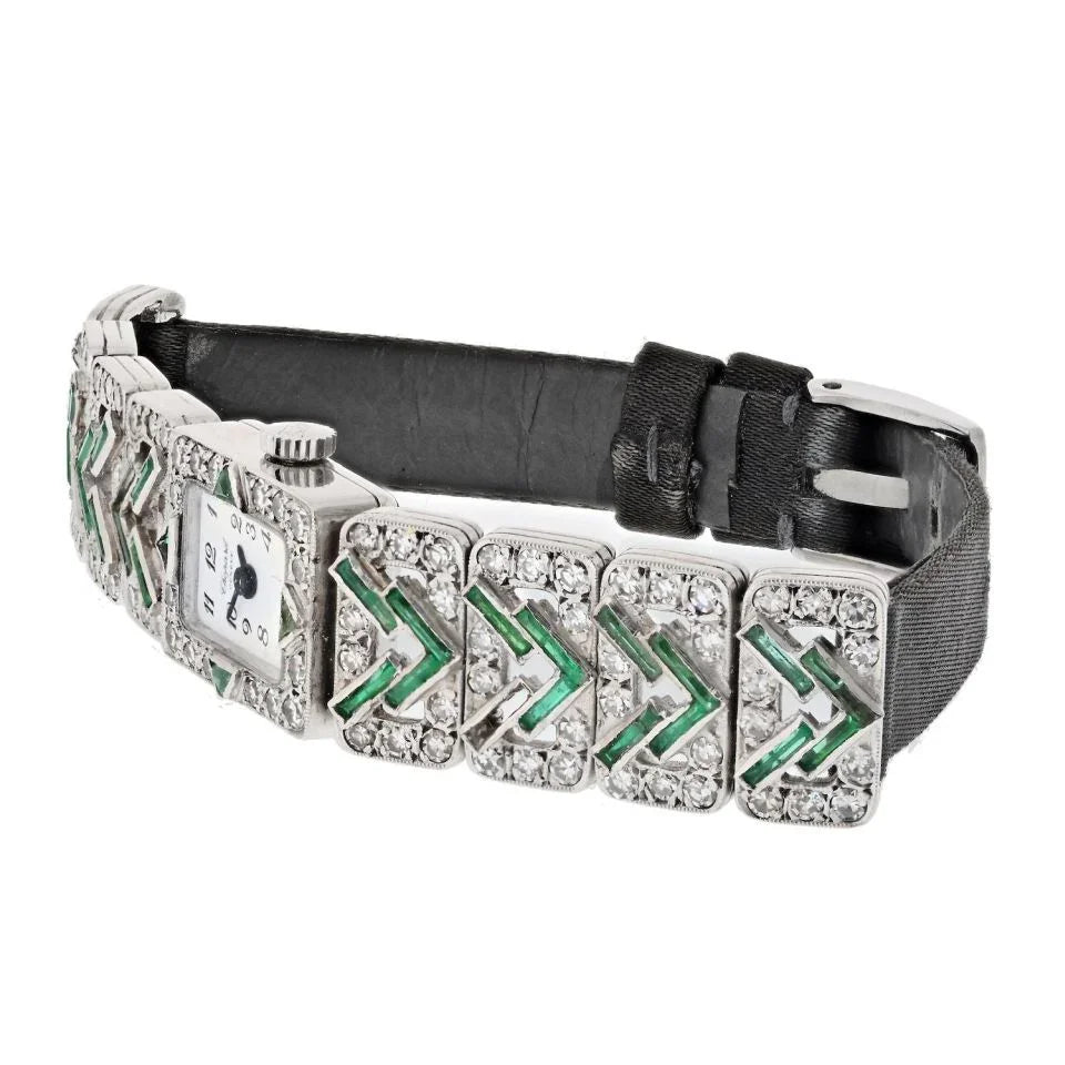 Chopard Platinum Deco Diamond And Green Emerald Women Watch - The Back Vault