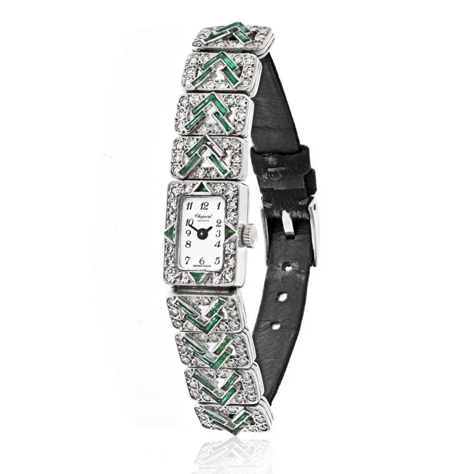 Chopard Platinum Deco Diamond And Green Emerald Women Watch - The Back Vault