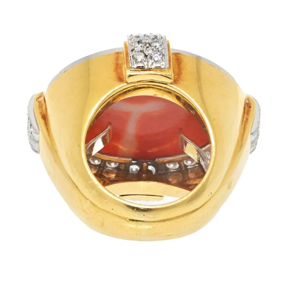 David Webb Platinum & 18K Yellow Gold Coral And Diamond Cocktail Ring - The Back Vault