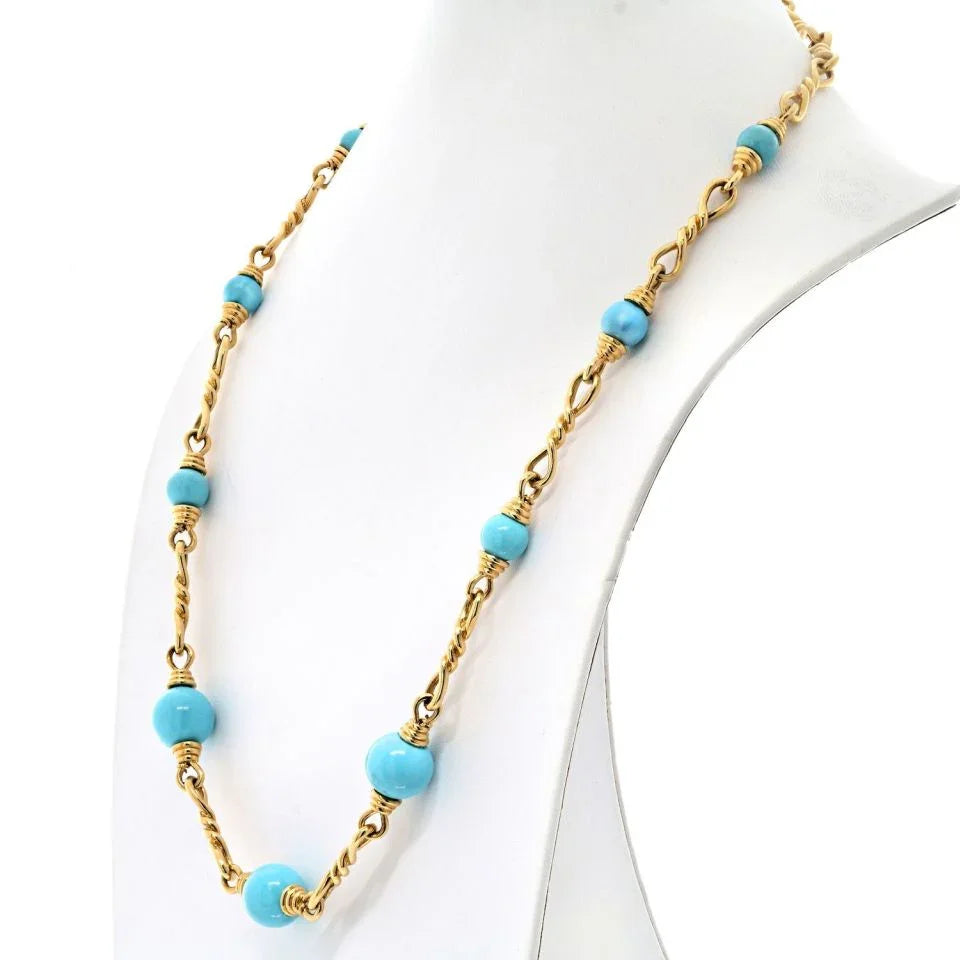 David Webb 18K Yellow Gold Turquoise Link Chain Necklace - The Back Vault