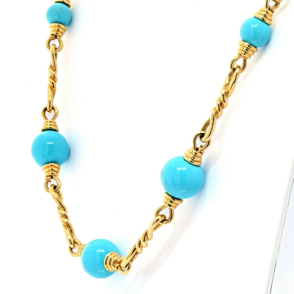David Webb 18K Yellow Gold Turquoise Link Chain Necklace - The Back Vault