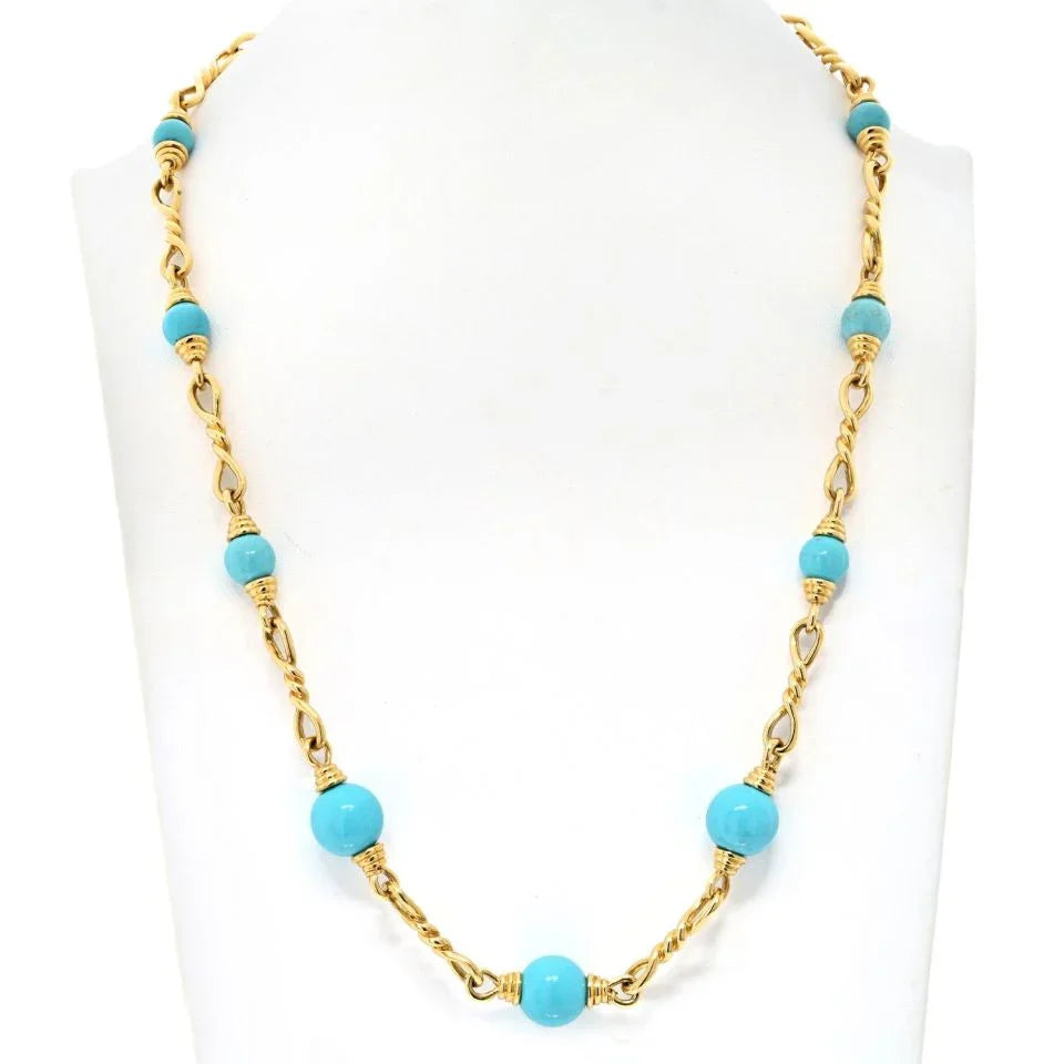 David Webb 18K Yellow Gold Turquoise Link Chain Necklace - The Back Vault